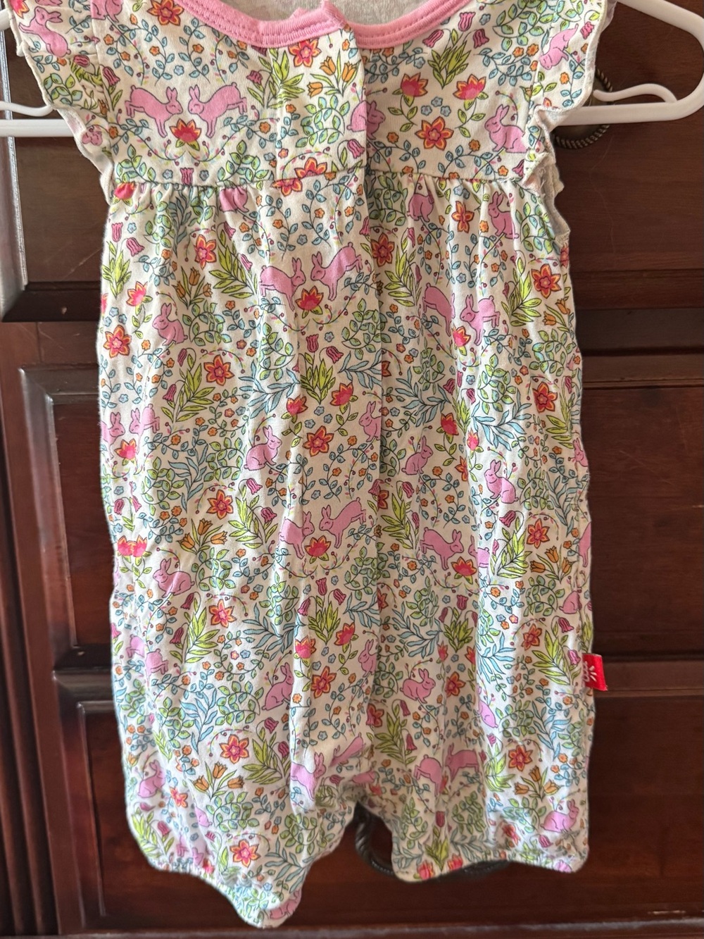Magnetic Me Cream Dress Romper with Pink Bunny & Multicolor Floral Print